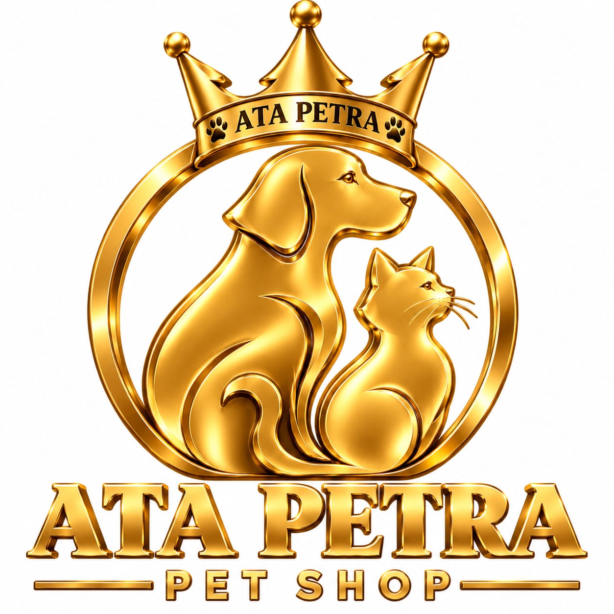 Taçlı köpek ve kedi amblemli Ata Petra Pet Shop logosu